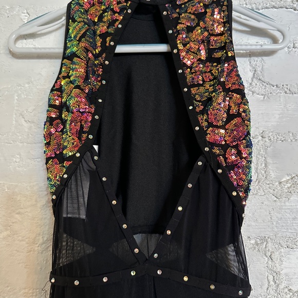 BLACK MOCK NECK BIKETARD WITH SHEER MESH AND IRIDESCENT SEQUIN DETAILING - Picture 4 of 11